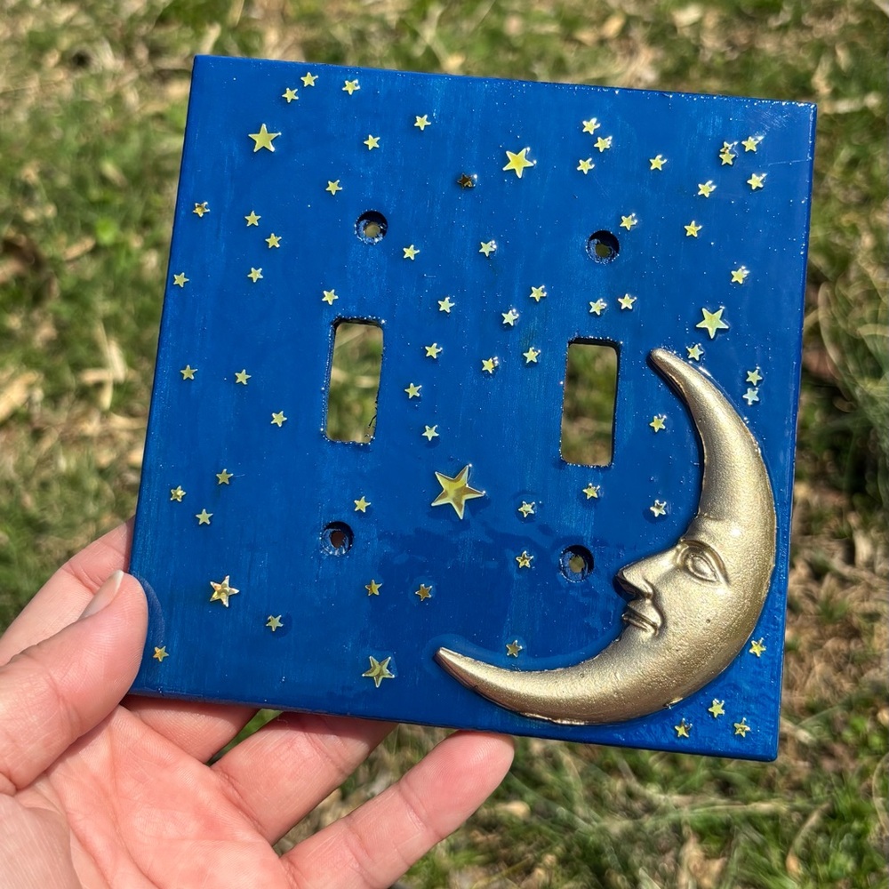 Wooden Double Light Switch Plate Cover Celestial Moon and Stars Whimsical Goth